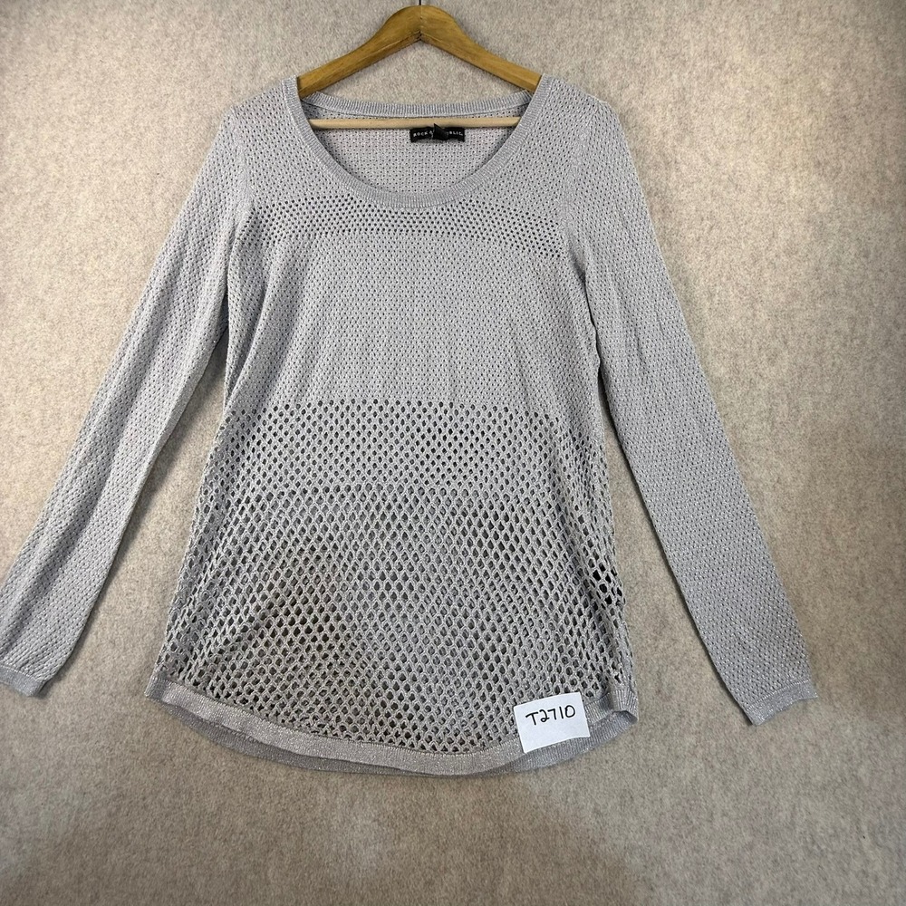 Rock & Republic Silver Metallic Mesh Knit Sweater Womens Large Fishnet Crochet